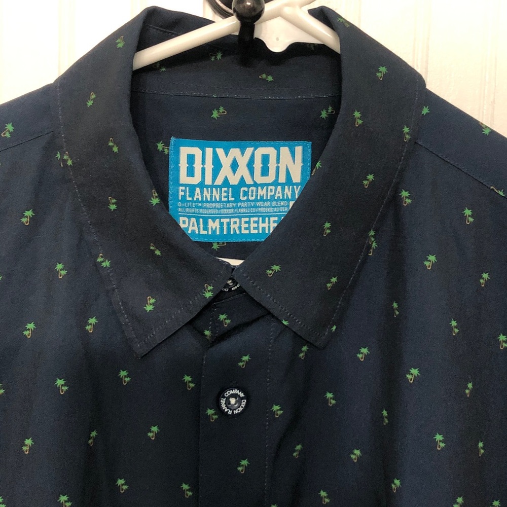 DIXXON Shirt Mens Large Navy PALMTREEHEAD Button Down Collar Short Slvs EUC